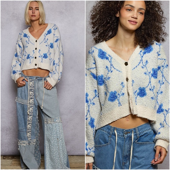 POL Floral Print Berber Button Down Loose Fit Cardigan - Picture 1 of 6